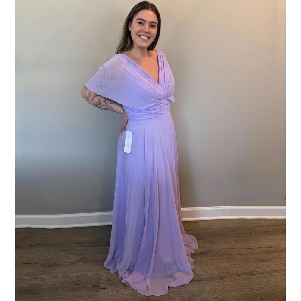 Azazie Pamela Lilac Chiffon A-Line V-Neck Pleated Bridesmaids Dress (Size 14)